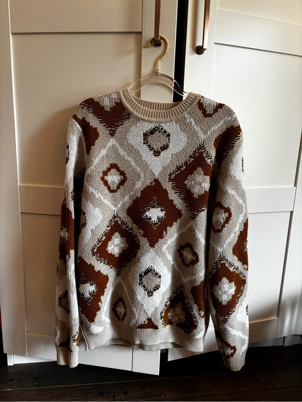 Asos Cream and Brown Patterned Crewneck Sweater size small fall cozy